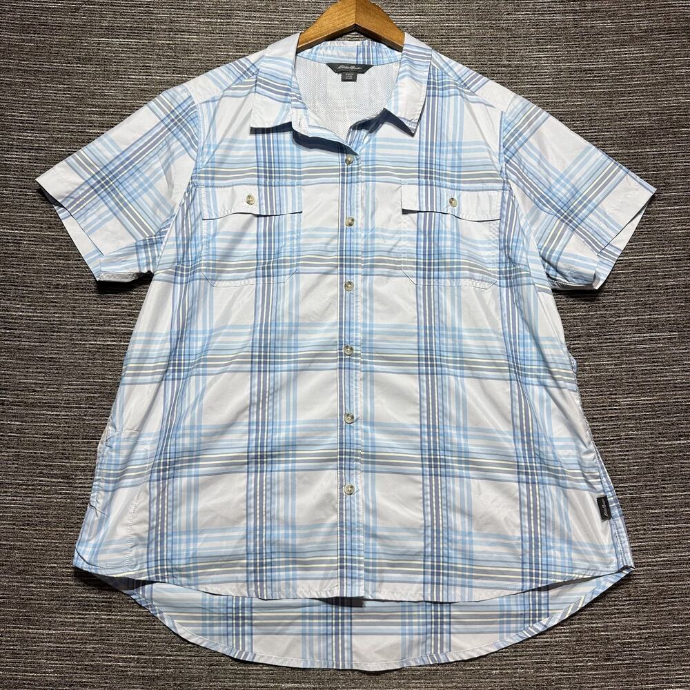Eddie Bauer Shirt Women's XL Blue Plaid Short Sleeve Button Moisture Adventure